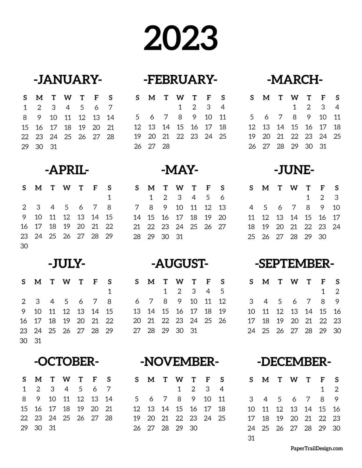 Calendar 2023 Printable One Page Paper Trail Design - Schedule Printable